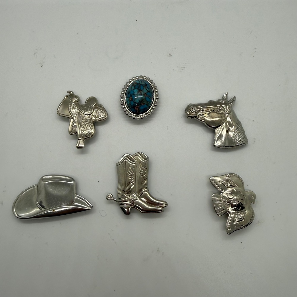 Vintage Western Silver Tone Button Covers Set of 6 Horse Saddle Turquoise Hat